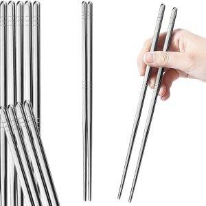 5-Pair Premium Stainless Steel Square Chopsticks, 9.5-inch Non-Slip Metal Chopsticks