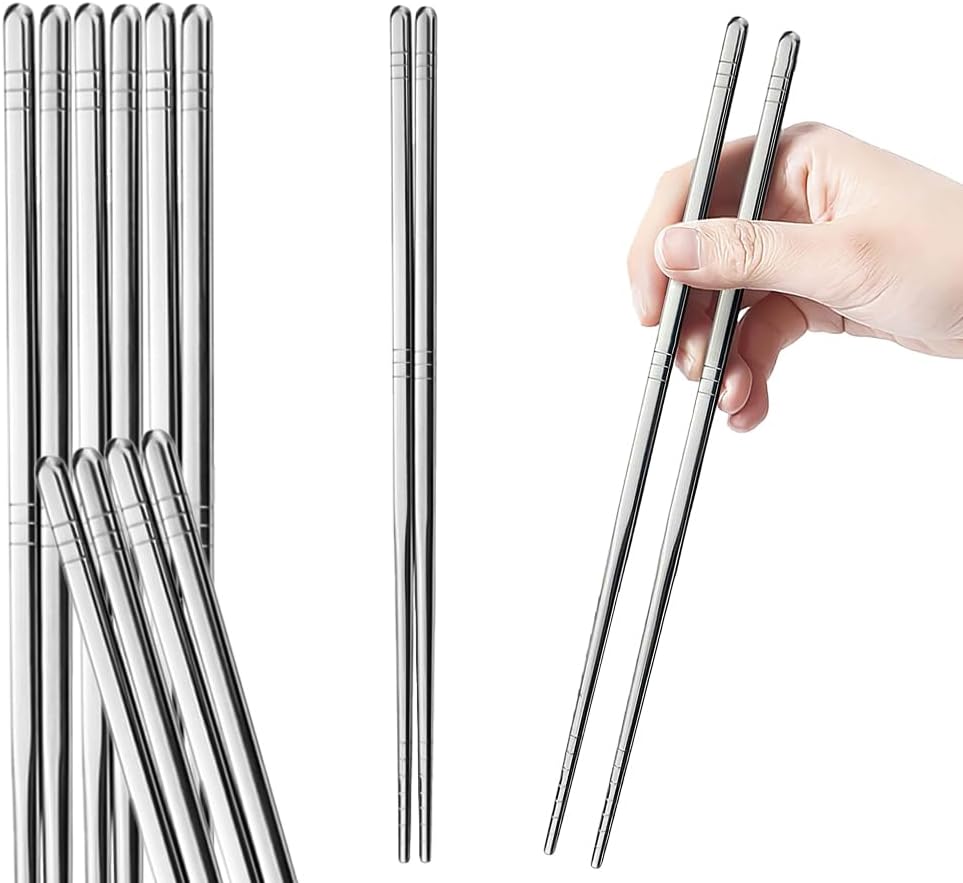 5-Pair Premium Stainless Steel Square Chopsticks, 9.5-inch Non-Slip Metal Chopsticks