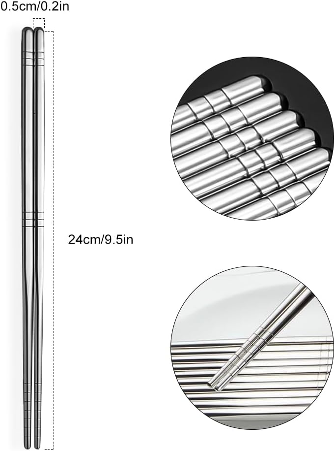 5-Pair Premium Stainless Steel Square Chopsticks, 9.5-inch Non-Slip Metal Chopsticks - Image 2