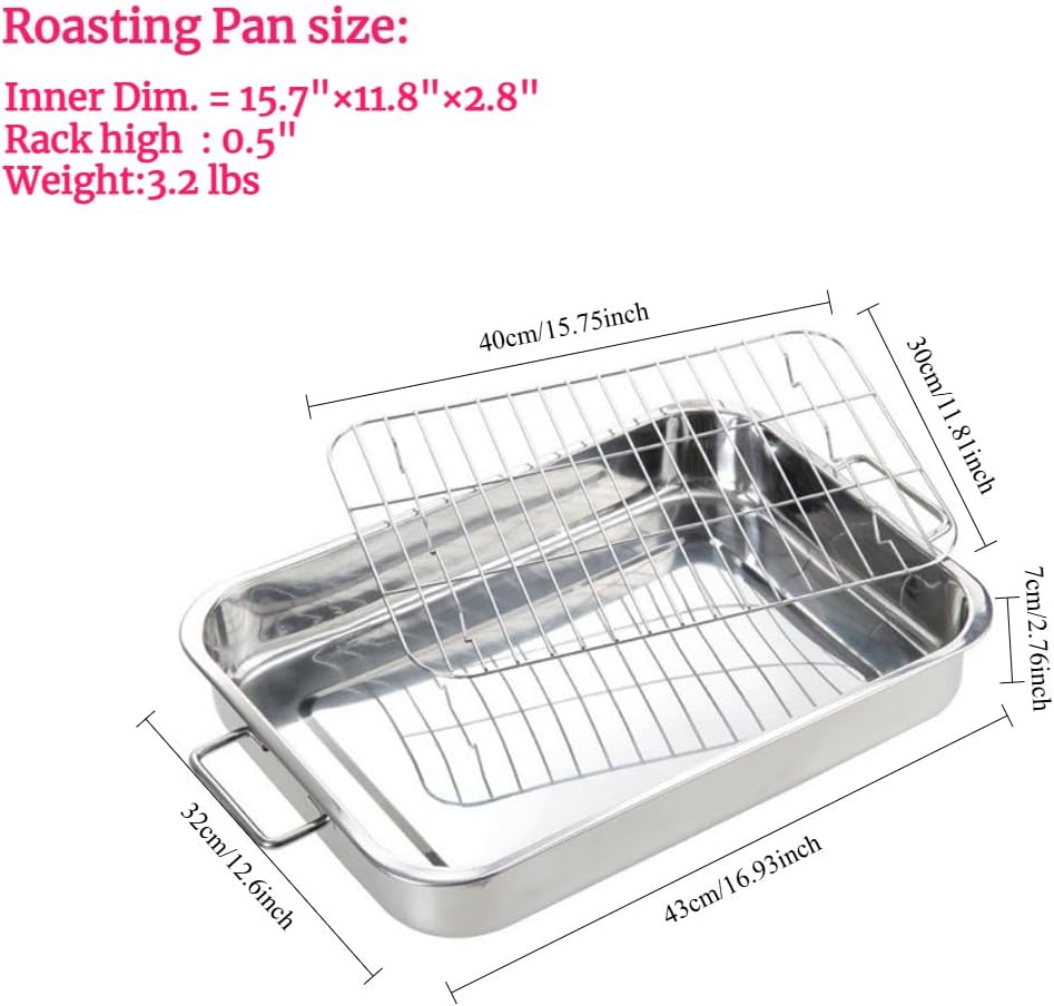 Stainless Steel Deep Baking Pan with Grill Rack, 16x12 Inch Large Baking Pan, 2.8 Inch Deep-Rim Metal Baking Pan - Image 2