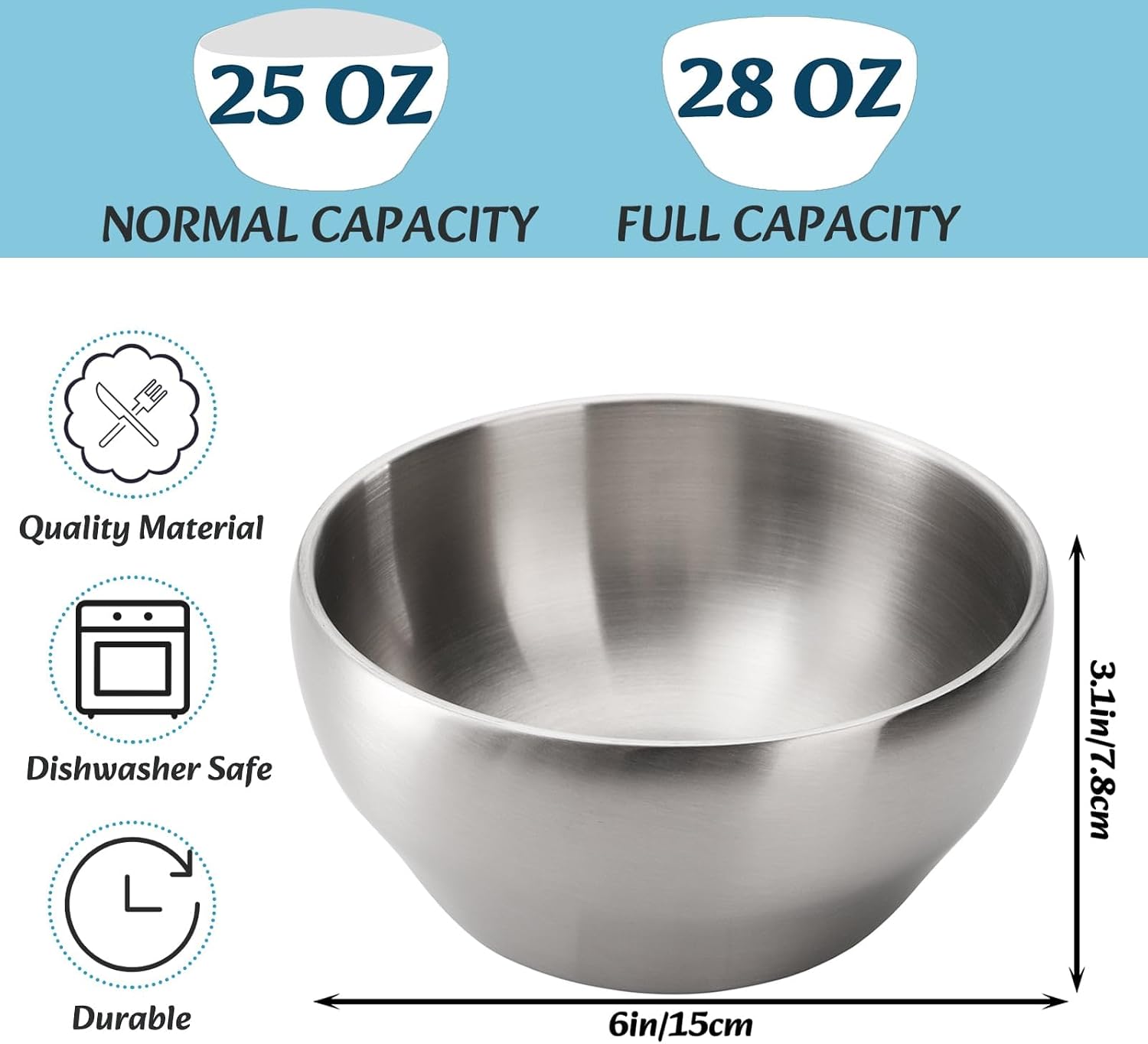 304 Stainless Steel Soup Bowls, Double-Walled Insulated Brushed Bowls, 6-Inch Diameter - Image 2