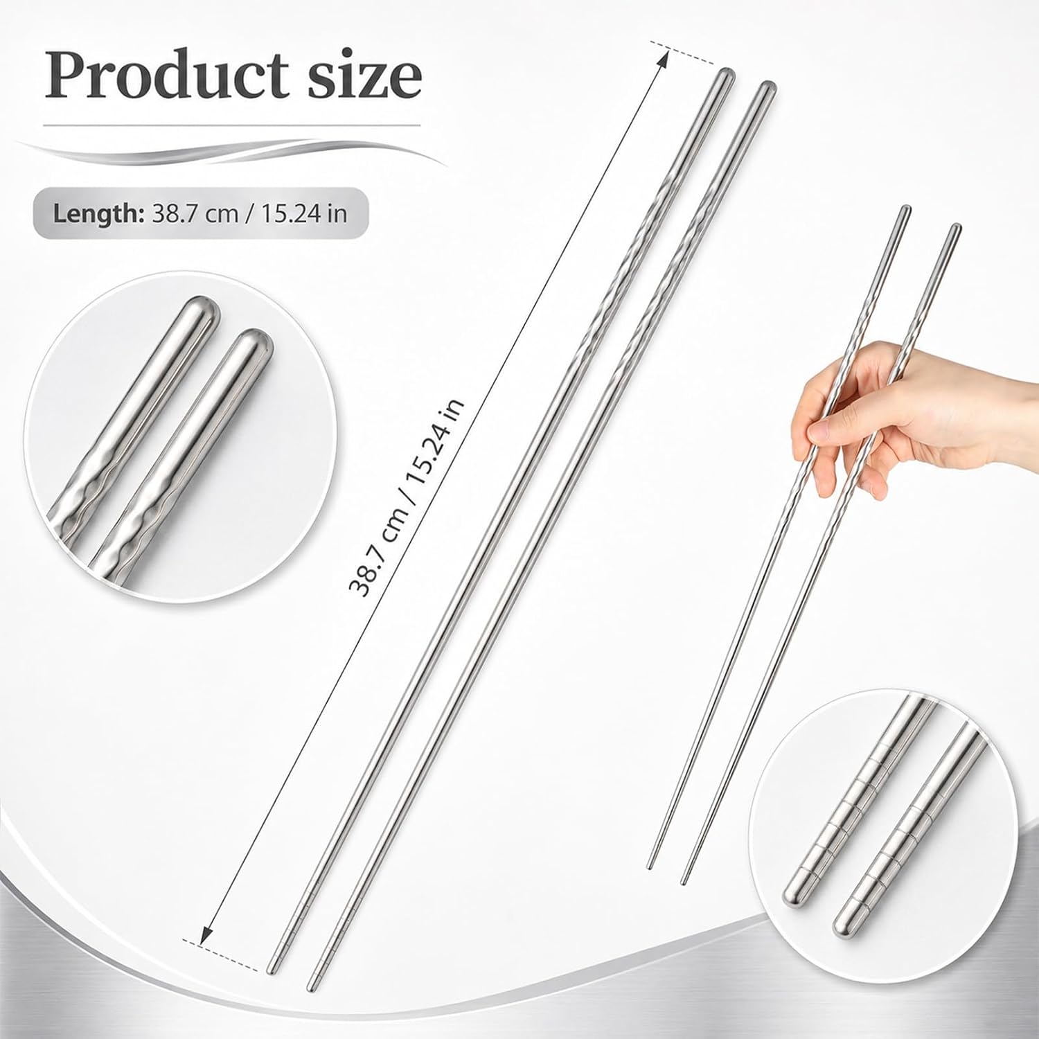 Extra-Long Stainless Steel Cooking Chopsticks (2 Pairs) with Non-Slip Threaded Body - Image 2