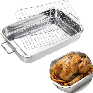 Stainless Steel Deep Baking Pan with Grill Rack, 16x12 Inch Large Baking Pan, 2.8 Inch Deep-Rim Metal Baking Pan