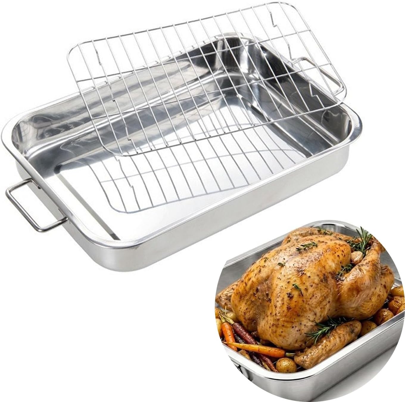 Stainless Steel Deep Baking Pan with Grill Rack, 16x12 Inch Large Baking Pan, 2.8 Inch Deep-Rim Metal Baking Pan