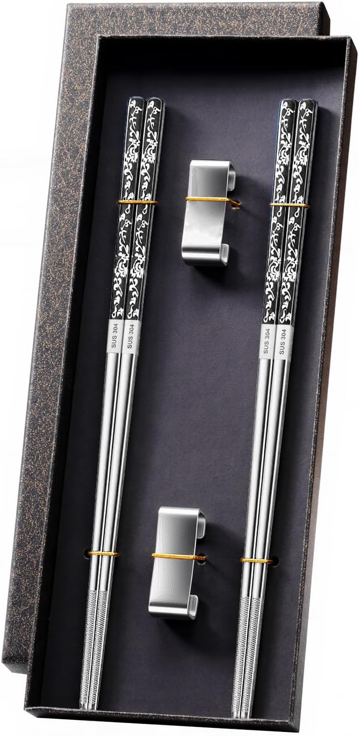2-Pair Stainless Steel Chopsticks with Chopstick Rests, Titanium-Coated Metal Chopsticks, Non-Slip Tips