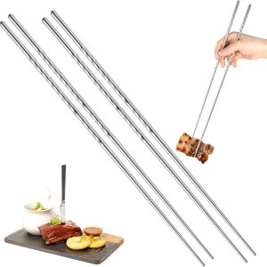 Extra-Long Stainless Steel Cooking Chopsticks (2 Pairs) with Non-Slip Threaded Body