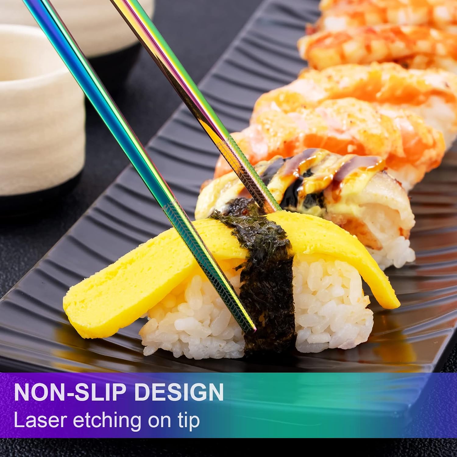 5-Pair Multi-Color Stainless Steel Chopsticks, Square Lightweight Metal Chopsticks, Dishwasher Cleanable - Image 2