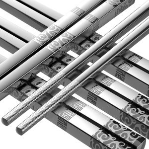 5-Pair Stainless Steel Square Chopsticks, Lightweight, Non-Slip, Dishwasher Cleanable