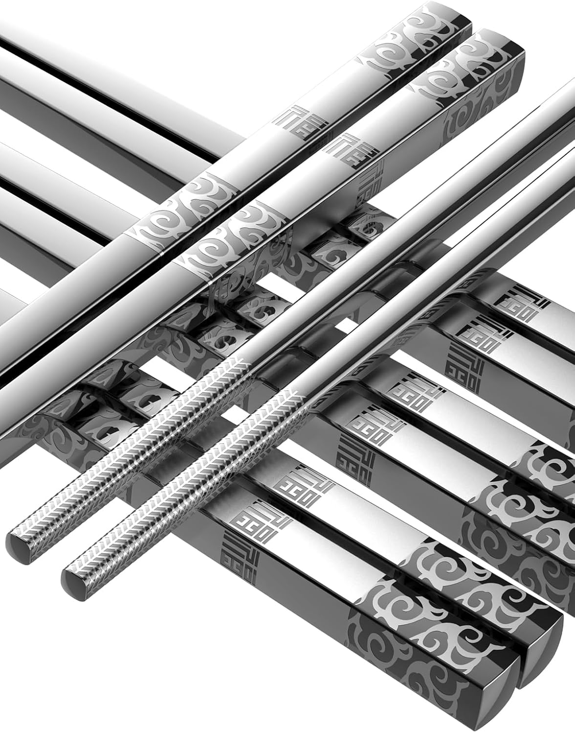 5-Pair Stainless Steel Square Chopsticks, Lightweight, Non-Slip, Dishwasher Cleanable