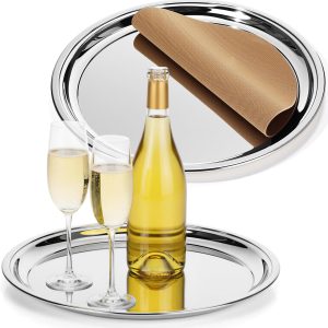 2-Piece Round Stainless Steel Mirror Finish Plate Set, 14.17-inch Metal Tray