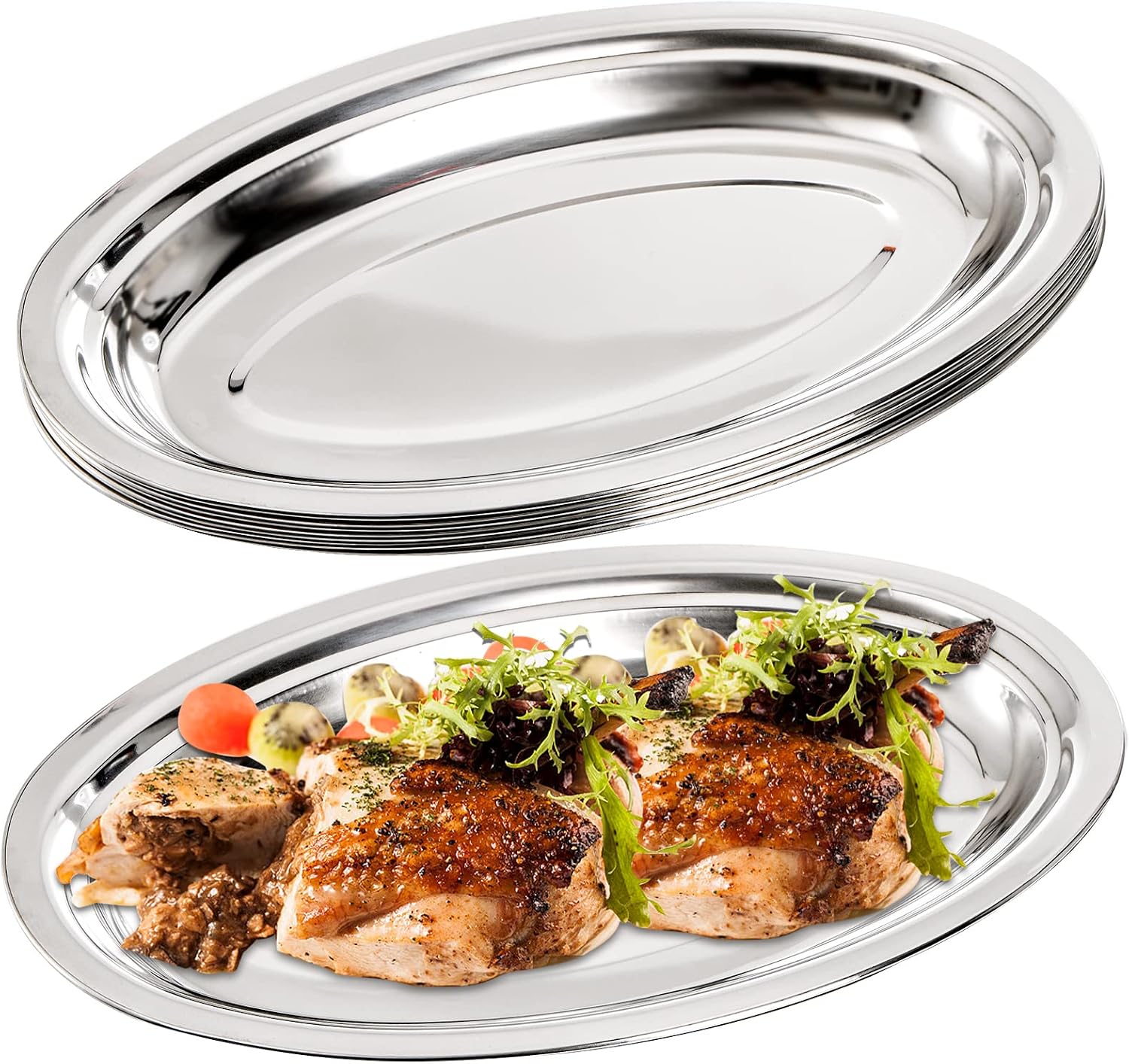 6-Piece Stainless Steel Oval Plate Set, Large Metal Fish Plate