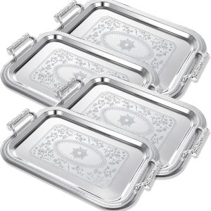 4-Piece Stainless Steel Plate Set with Handles, 16x11.4 Inch Rectangular Metal Plates
