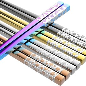 5-Pair Multi-Color Stainless Steel Chopsticks, Square Lightweight Metal Chopsticks, Dishwasher Cleanable
