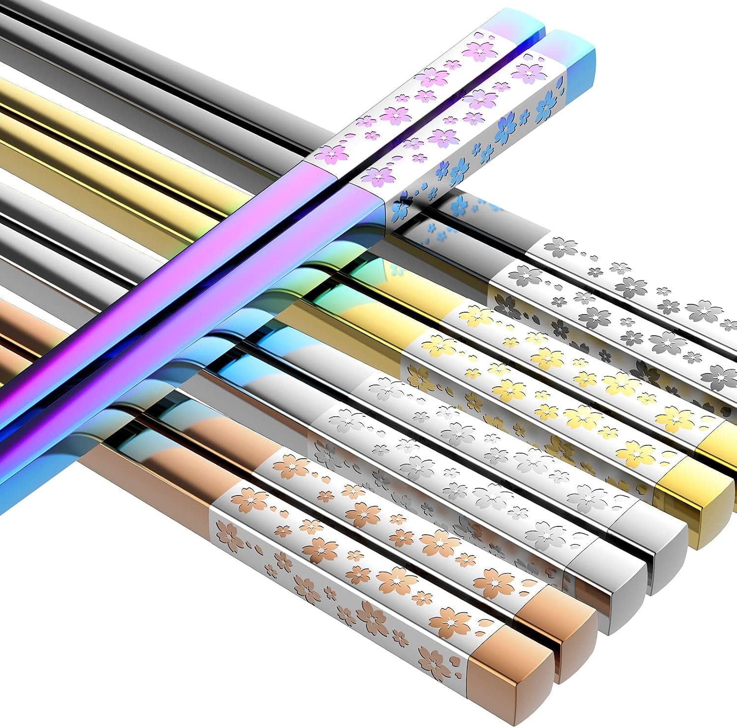 5-Pair Multi-Color Stainless Steel Chopsticks, Square Lightweight Metal Chopsticks, Dishwasher Cleanable