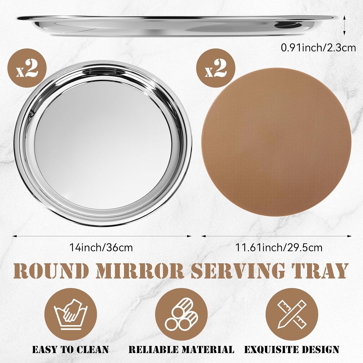 2-Piece Round Stainless Steel Mirror Finish Plate Set, 14.17-inch Metal Tray - Image 2