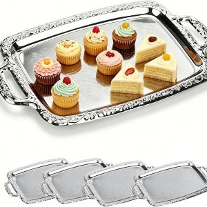 4-Pack Large Stainless Steel Rectangular Plates, 15.4x9.3 Inch Mirror Polished Metal Plates